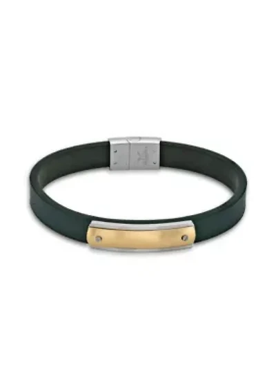 Stainless Steel Green Leather Bracelet with Gold Tone Ip