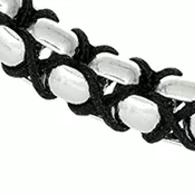 Stainless Steel 5 Millimeter Round Box Chain Necklace with Braided Black Cord, 24 Inch