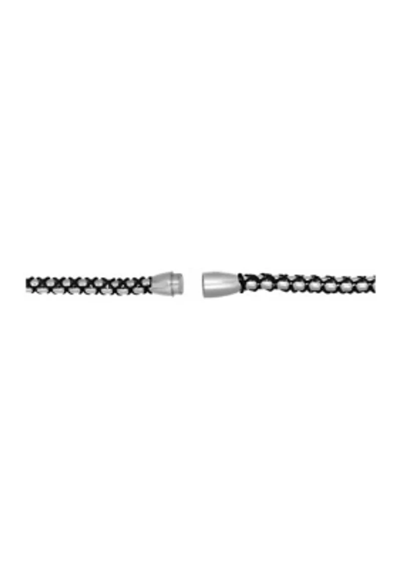 Stainless Steel 5 Millimeter Round Box Chain Necklace with Braided Black Cord, 24 Inch