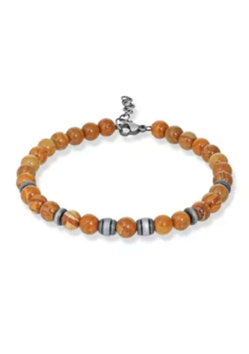 Gun Metal Gray Stainless Steel And Grain Stone Bracelet