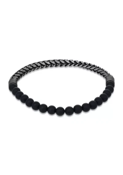Gun Metal Gray Stainless Steel And Matte Black Agate  Stretch Bracelet