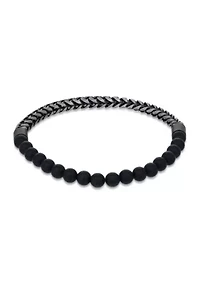 Gun Metal Gray Stainless Steel And Matte Black Agate  Stretch Bracelet