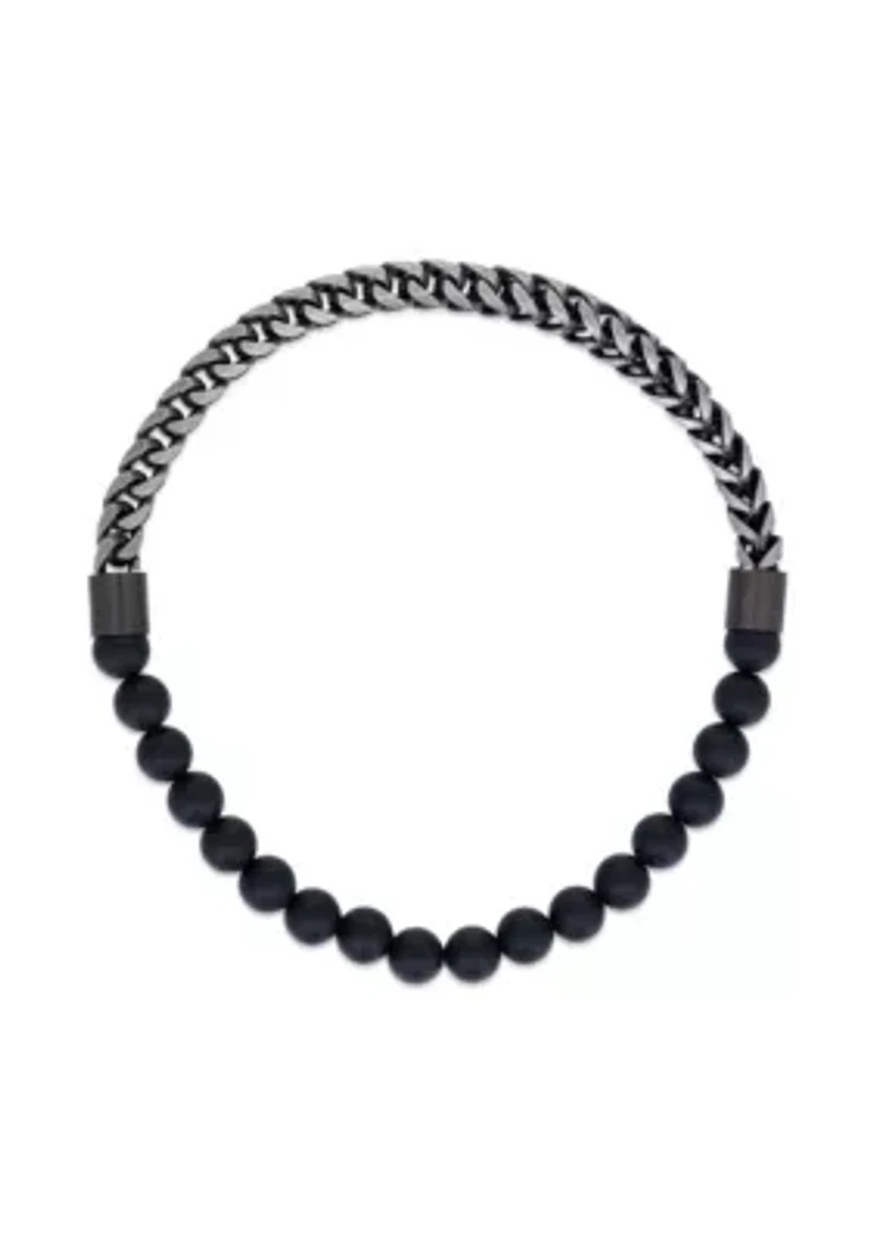 Gun Metal Gray Stainless Steel And Matte Black Agate  Stretch Bracelet