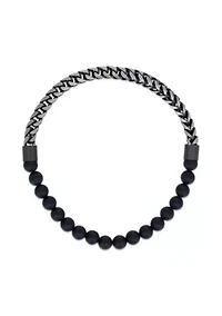 Gun Metal Gray Stainless Steel And Matte Black Agate  Stretch Bracelet