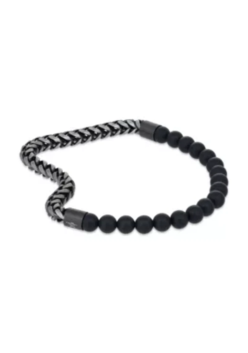 Gun Metal Gray Stainless Steel And Matte Black Agate  Stretch Bracelet