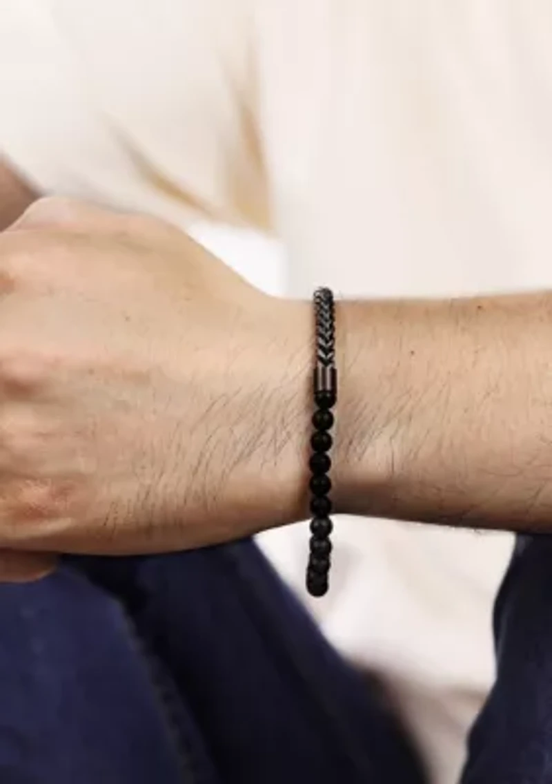 Gun Metal Gray Stainless Steel And Matte Black Agate  Stretch Bracelet