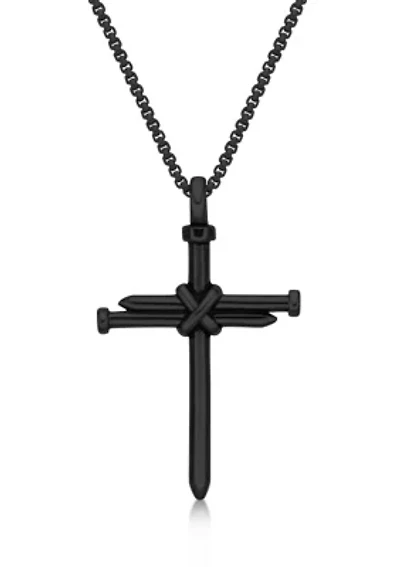 Stainless Steel Cross Pendant with Black Ip and 24" Round Box Chain