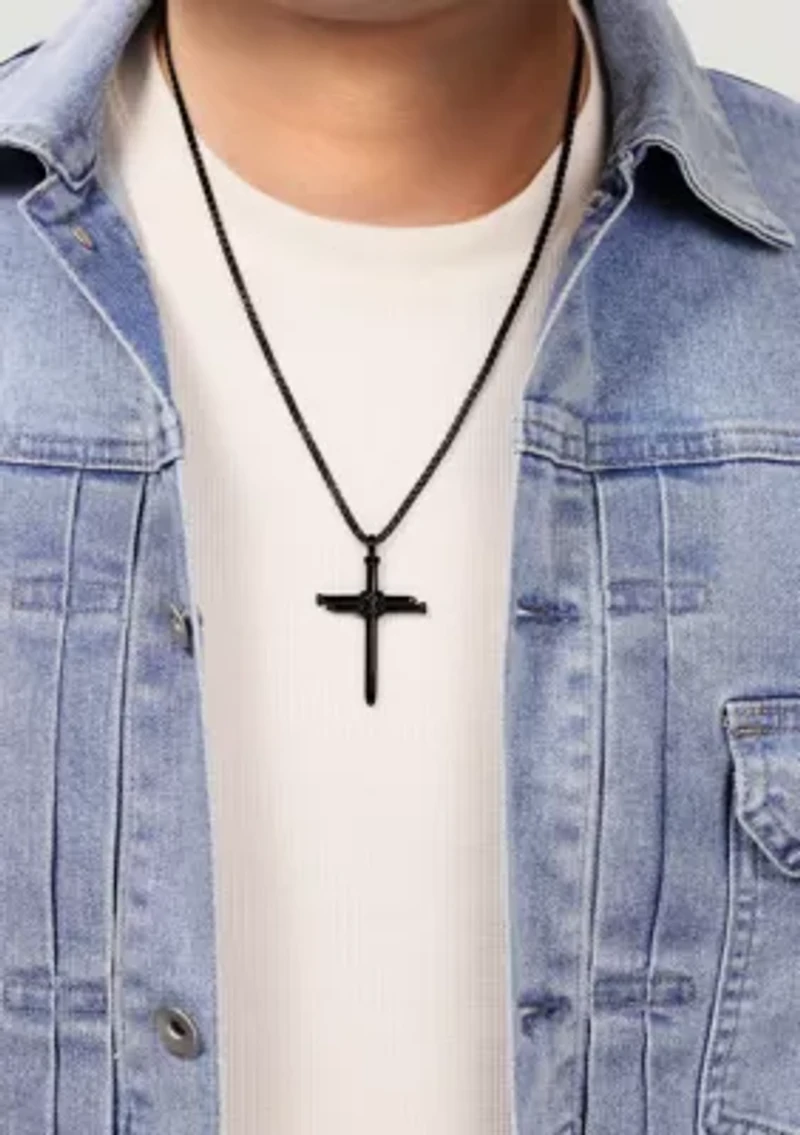 Stainless Steel Cross Pendant with Black Ip and 24" Round Box Chain