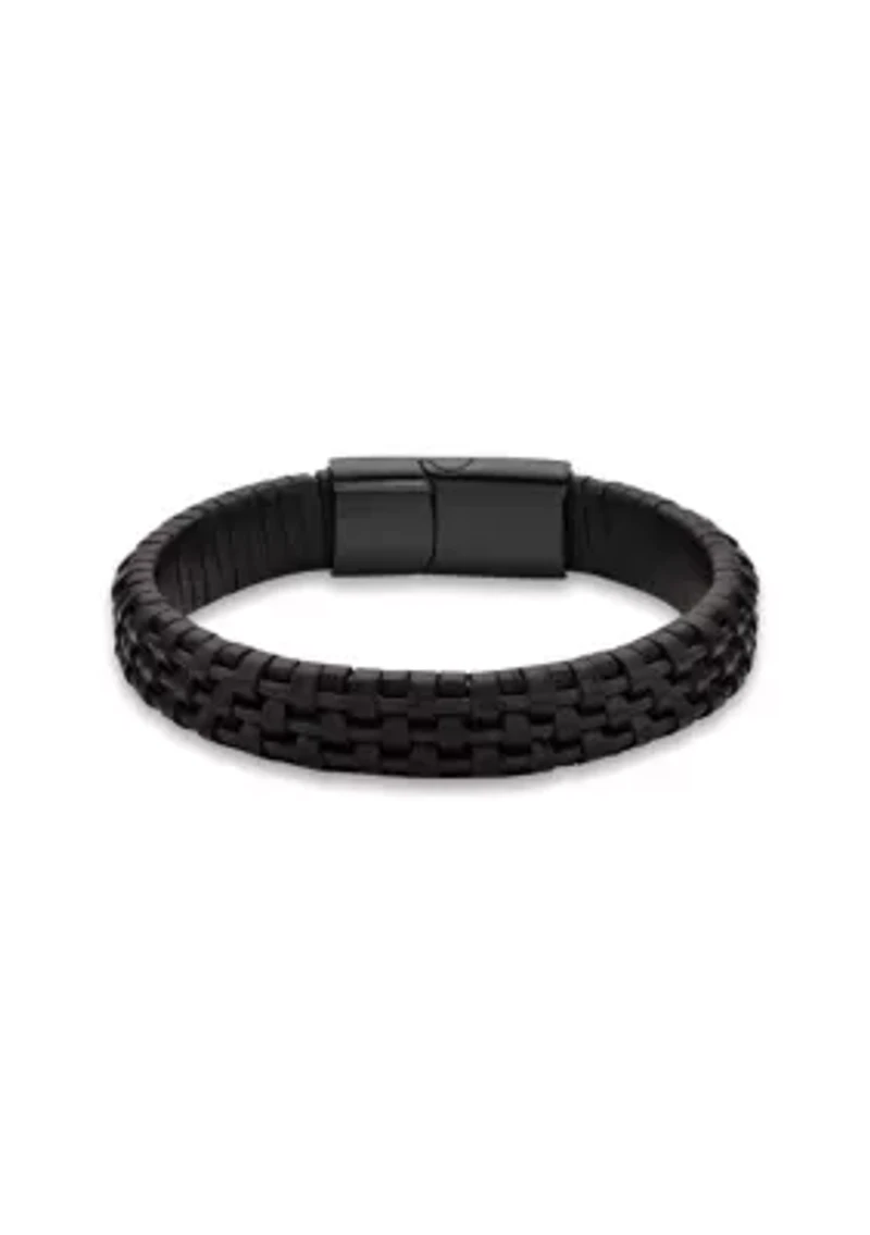 Stainless Steel and Black Leather Bracelet with Blue Wire and Black Ip