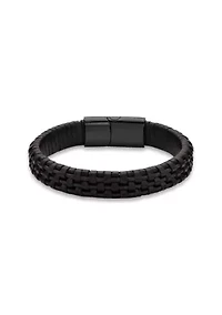 Stainless Steel and Black Leather Bracelet with Blue Wire and Black Ip