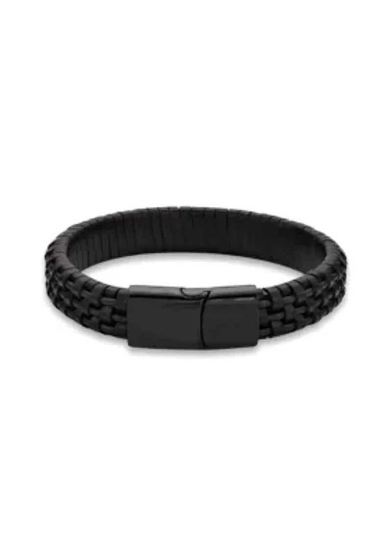 Stainless Steel and Black Leather Bracelet with Blue Wire and Black Ip