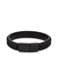 Stainless Steel and Black Leather Bracelet with Blue Wire and Black Ip