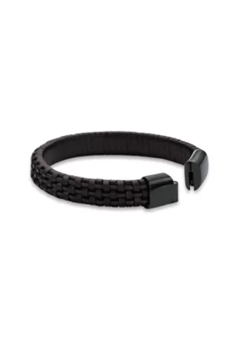 Stainless Steel and Black Leather Bracelet with Blue Wire and Black Ip