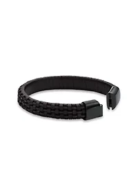 Stainless Steel and Black Leather Bracelet with Blue Wire and Black Ip