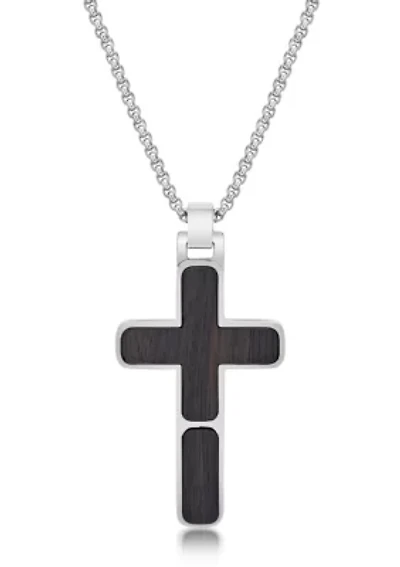 Stainless Steel and Wood Cross Pendant with 24" Round Box Chain