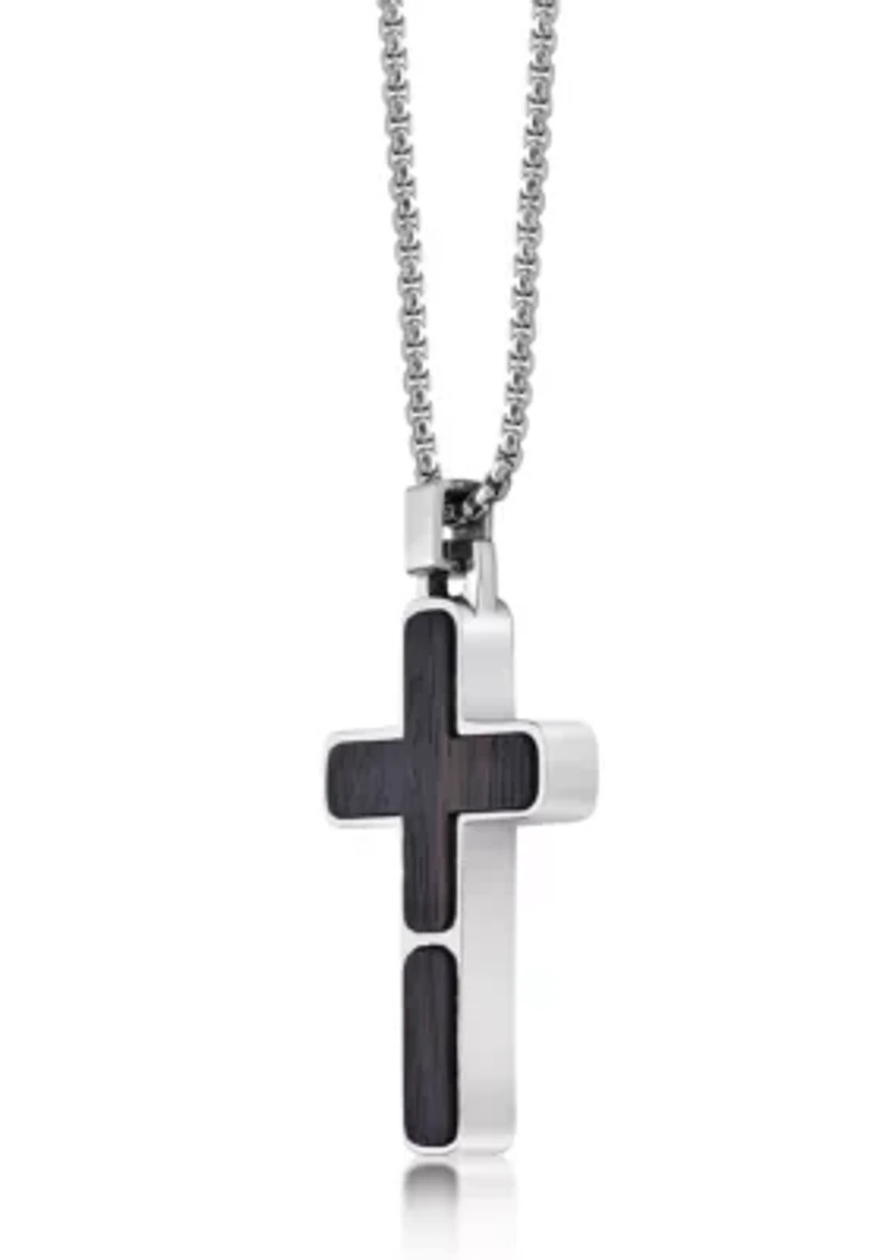 Stainless Steel and Wood Cross Pendant with 24" Round Box Chain