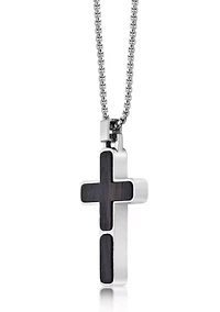 Stainless Steel and Wood Cross Pendant with 24" Round Box Chain