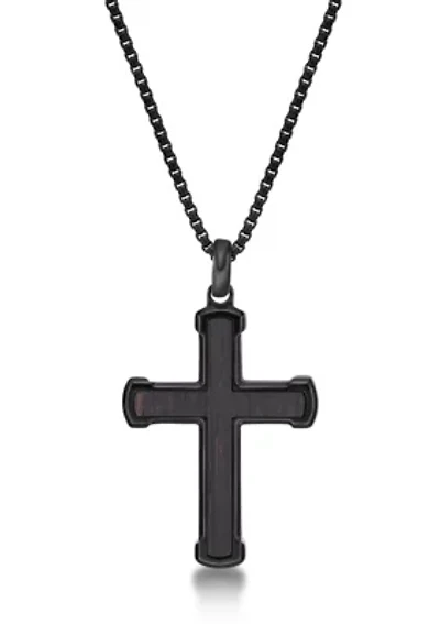 Stainless Steel and Ebony Wood Cross Pendant with Black Ip 24" Round Box Chain
