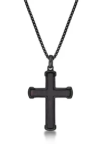 Stainless Steel and Ebony Wood Cross Pendant with Black Ip 24" Round Box Chain