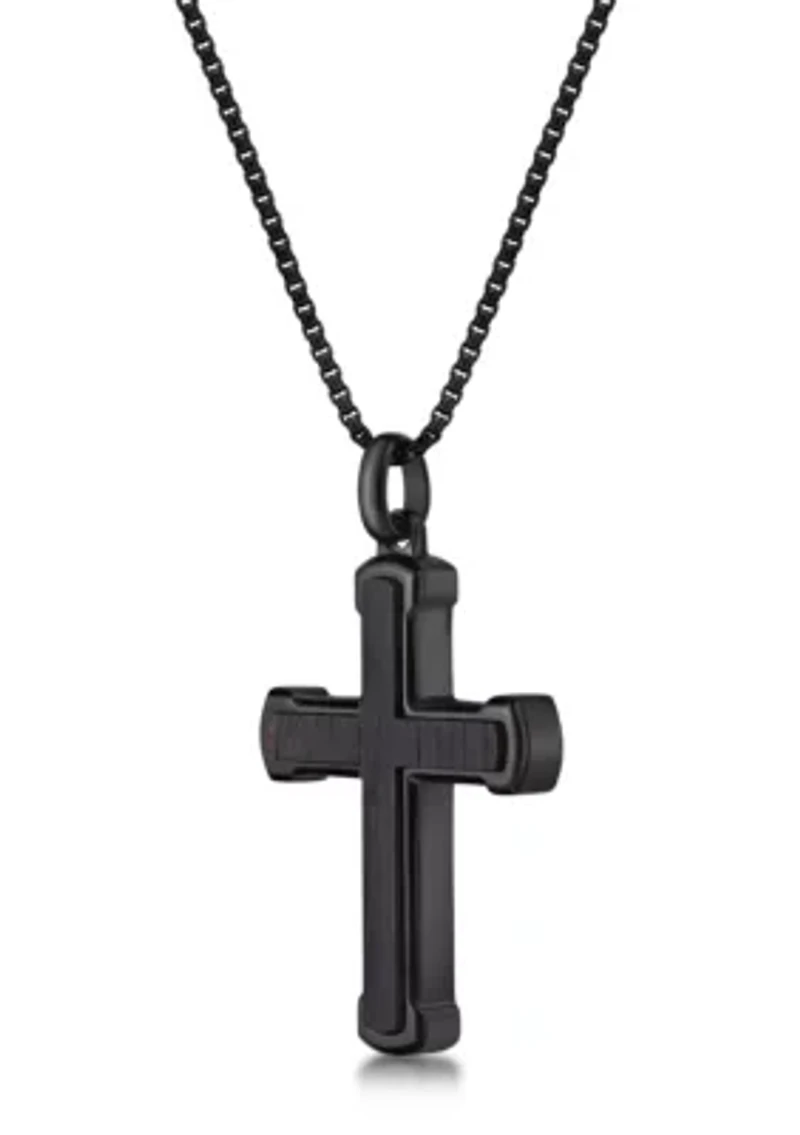 Stainless Steel and Ebony Wood Cross Pendant with Black Ip 24" Round Box Chain