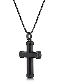 Stainless Steel and Ebony Wood Cross Pendant with Black Ip 24" Round Box Chain