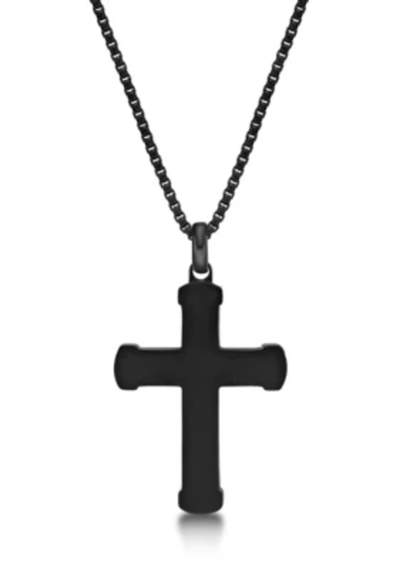 Stainless Steel and Ebony Wood Cross Pendant with Black Ip 24" Round Box Chain