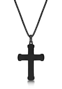 Stainless Steel and Ebony Wood Cross Pendant with Black Ip 24" Round Box Chain
