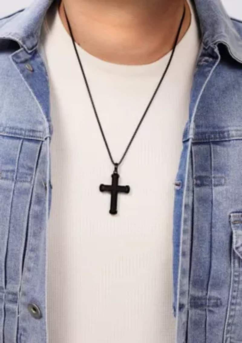 Stainless Steel and Ebony Wood Cross Pendant with Black Ip 24" Round Box Chain