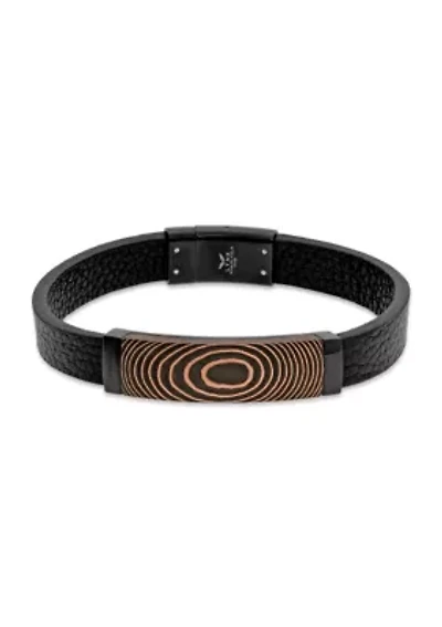 Black Ion Plated Stainless Steel and Leather Bracelet with Carbon Fiber & Copper Inlay