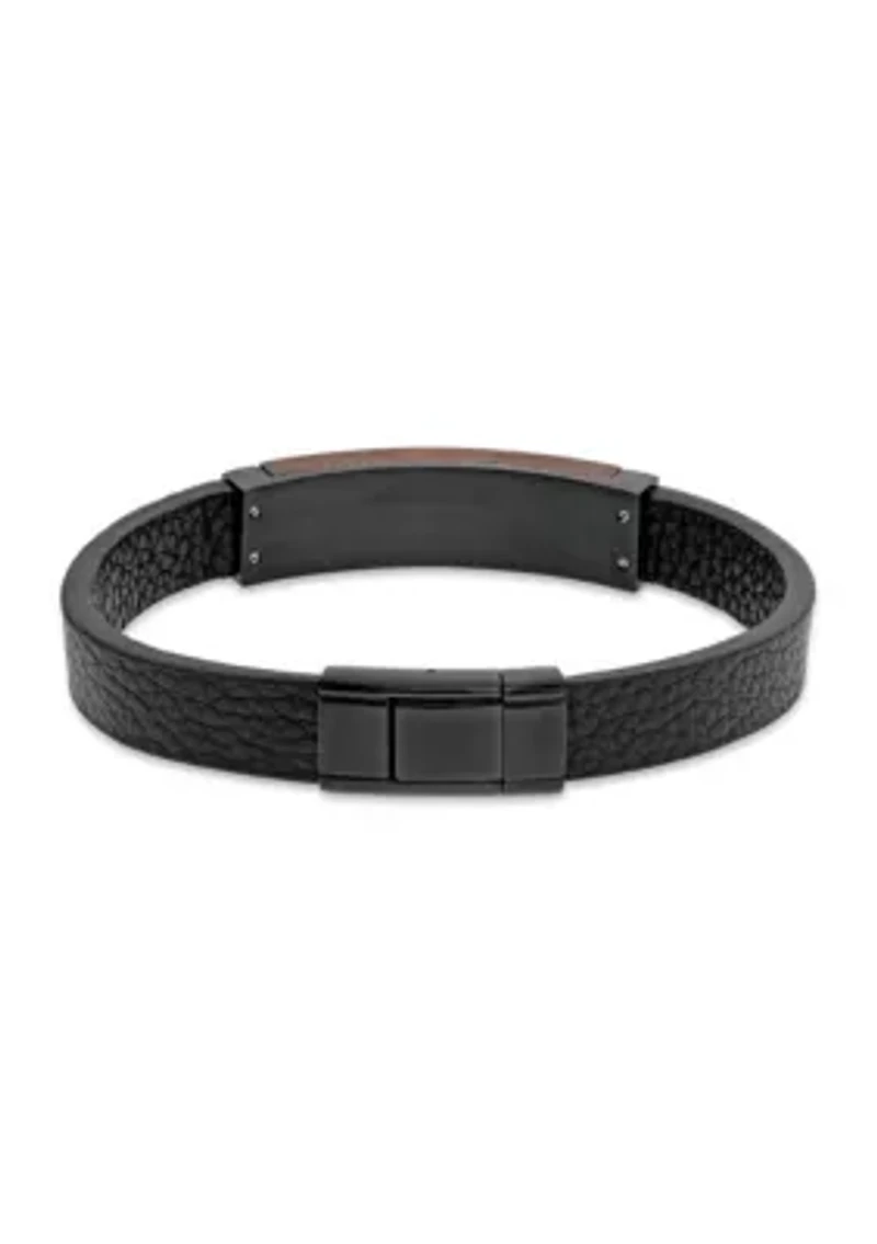Black Ion Plated Stainless Steel and Leather Bracelet with Carbon Fiber & Copper Inlay