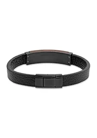 Black Ion Plated Stainless Steel and Leather Bracelet with Carbon Fiber & Copper Inlay