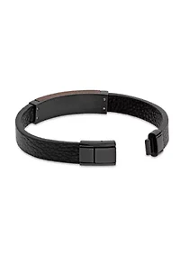 Black Ion Plated Stainless Steel and Leather Bracelet with Carbon Fiber & Copper Inlay