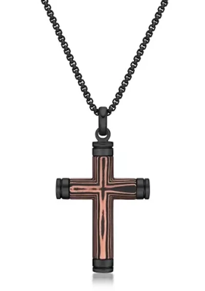 Stainless Steel, Carbon Fiber & Copper Foil Cross Pendant with Black Ip and 24" Round Box Chain