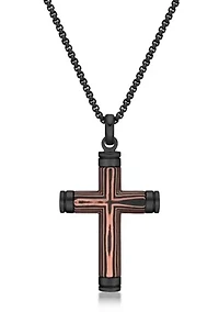Stainless Steel, Carbon Fiber & Copper Foil Cross Pendant with Black Ip and 24" Round Box Chain