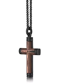 Stainless Steel, Carbon Fiber & Copper Foil Cross Pendant with Black Ip and 24" Round Box Chain