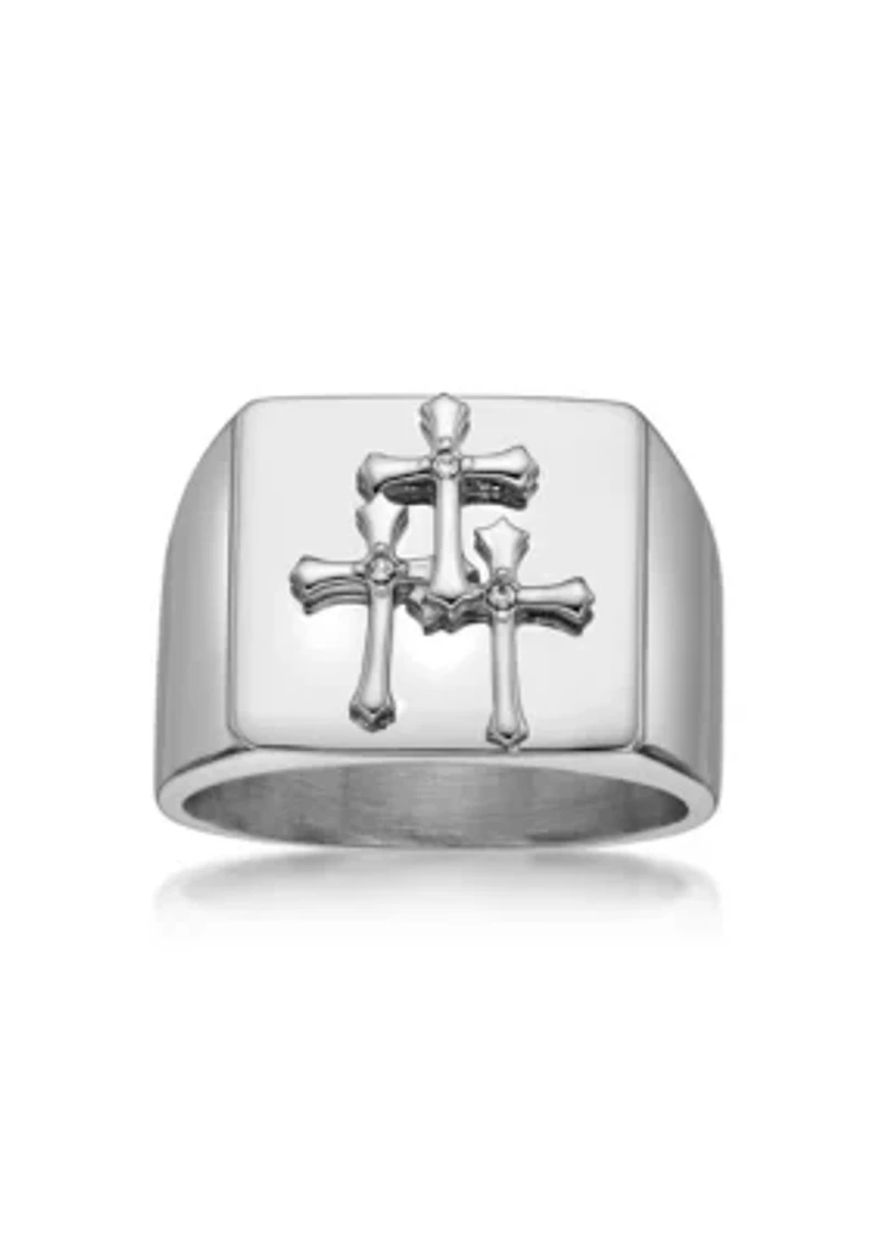 Stainless Steel And Crystal Cross Ring