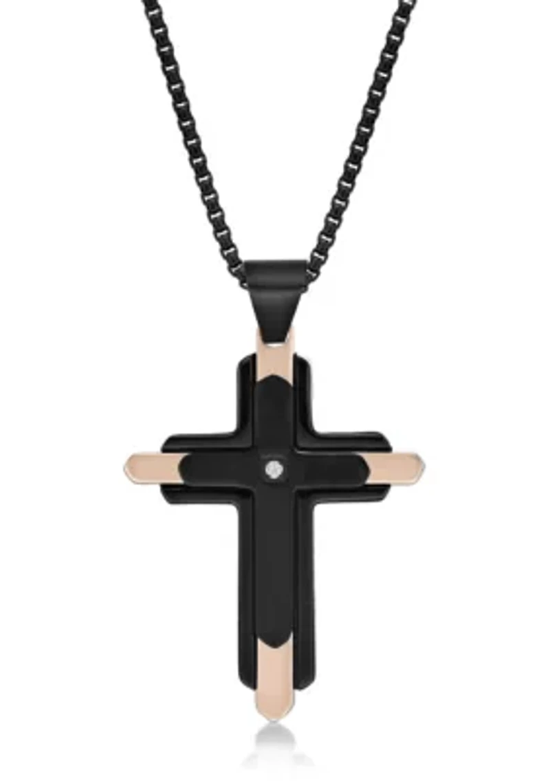 Stainless Steel and 0.03 Cttw Diamond Cross Pendant with Black & Rose Ip and 24" Round Box Chain