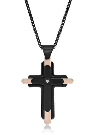 Stainless Steel and 0.03 Cttw Diamond Cross Pendant with Black & Rose Ip and 24" Round Box Chain