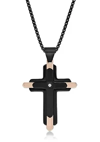 Stainless Steel and 0.03 Cttw Diamond Cross Pendant with Black & Rose Ip and 24" Round Box Chain
