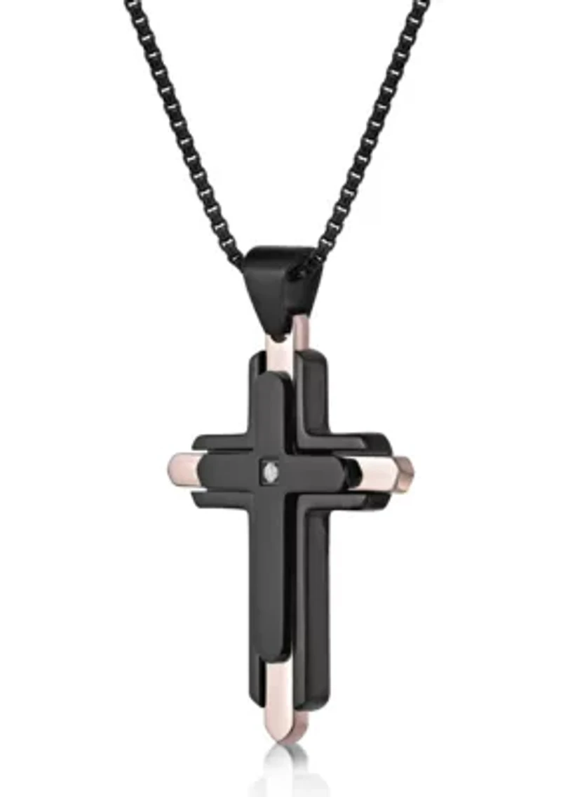 Stainless Steel and 0.03 Cttw Diamond Cross Pendant with Black & Rose Ip and 24" Round Box Chain