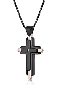 Stainless Steel and 0.03 Cttw Diamond Cross Pendant with Black & Rose Ip and 24" Round Box Chain