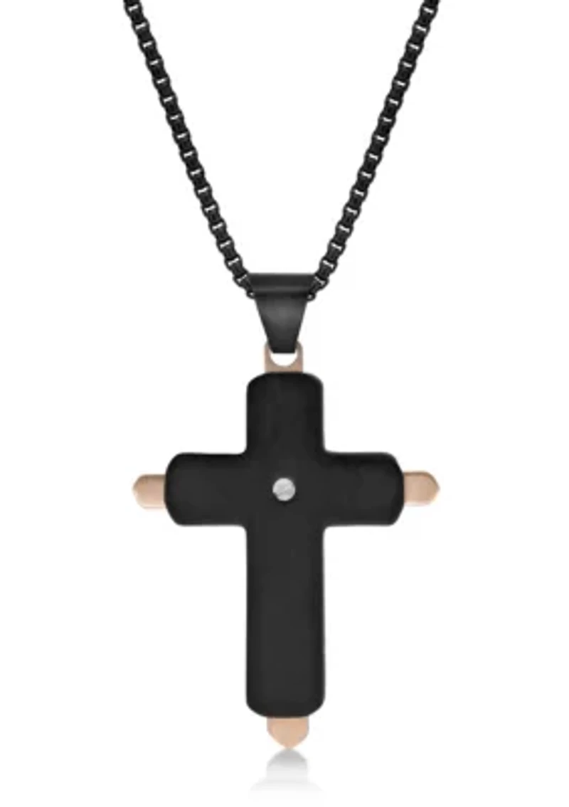 Stainless Steel and 0.03 Cttw Diamond Cross Pendant with Black & Rose Ip and 24" Round Box Chain