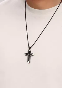 Stainless Steel and 0.03 Cttw Diamond Cross Pendant with Black & Rose Ip and 24" Round Box Chain
