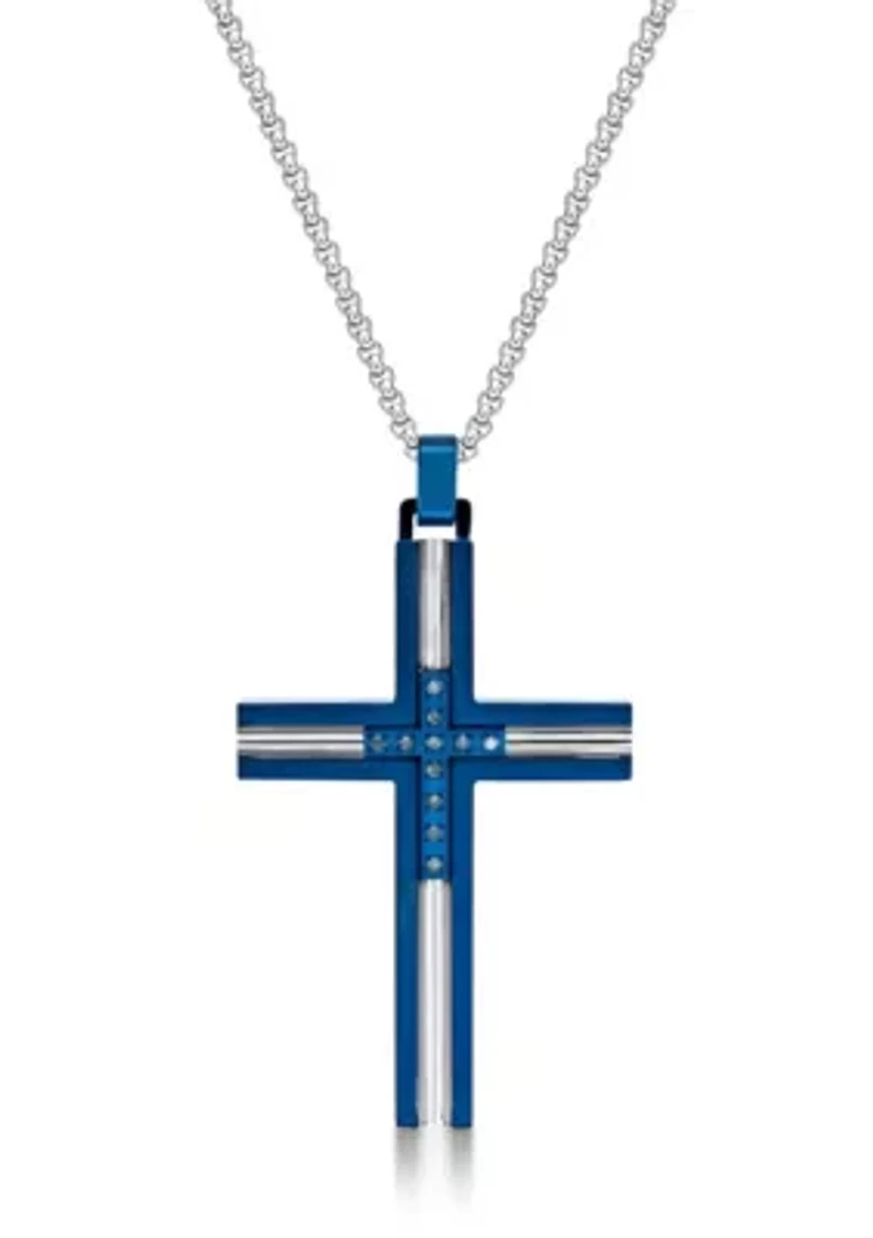 Stainless Steel and 0.08 Cttw Blue Diamonds Cross Pendant with Blue Ip and 24" Round Box Chain