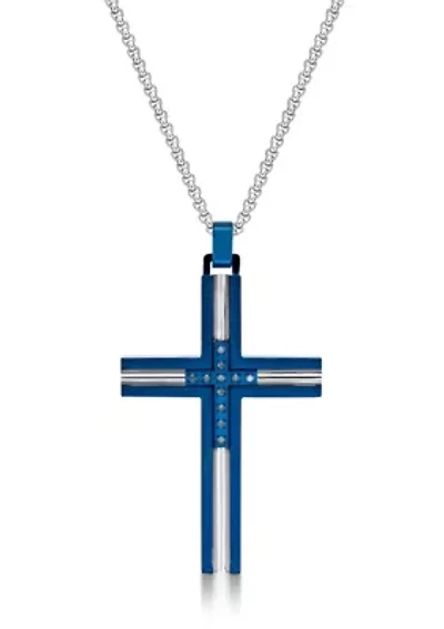 Stainless Steel and 0.08 Cttw Blue Diamonds Cross Pendant with Blue Ip and 24" Round Box Chain