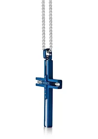 Stainless Steel and 0.08 Cttw Blue Diamonds Cross Pendant with Blue Ip and 24" Round Box Chain