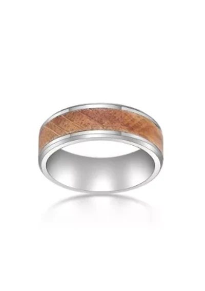 Stainless Steel Ring With Whisky Barrel Wood Inlay And Clear Resin
