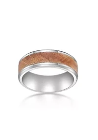 Stainless Steel Ring With Whisky Barrel Wood Inlay And Clear Resin