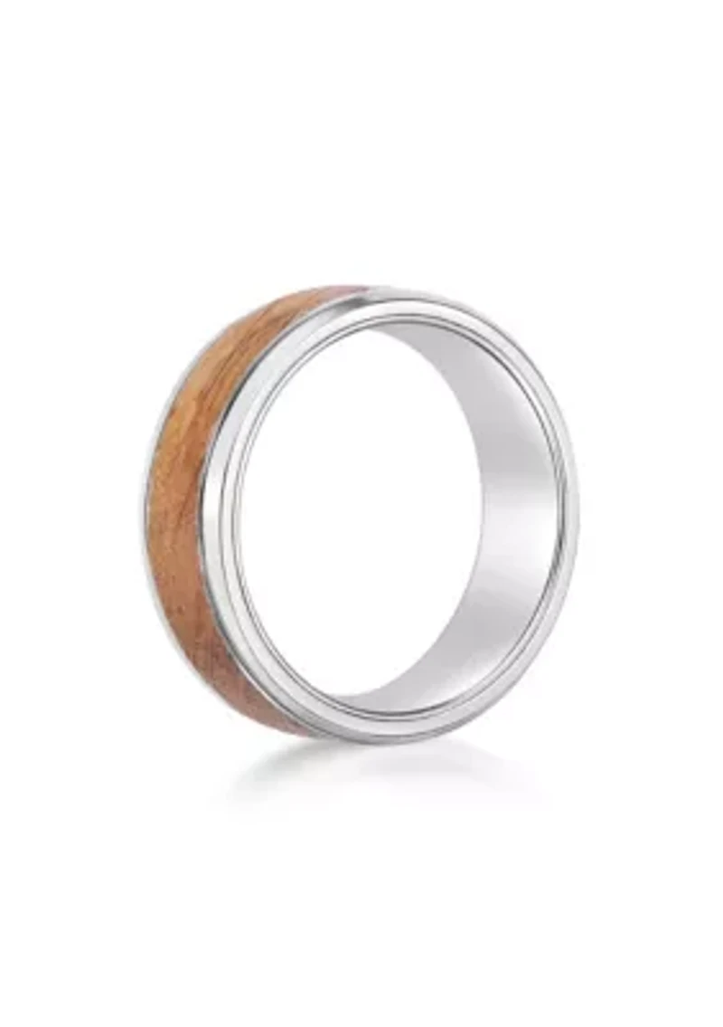 Stainless Steel Ring With Whisky Barrel Wood Inlay And Clear Resin