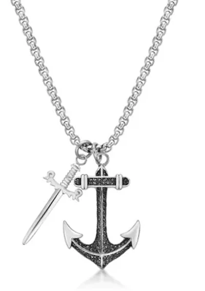 Stainless Steel Anchor & Sword Pendant With Black Cz And 24" Round Box Chain